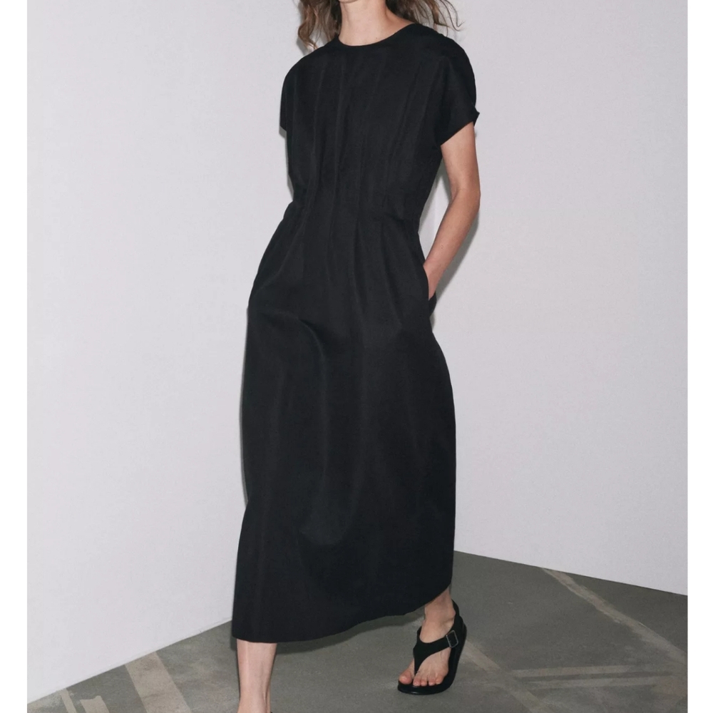 Zara ZW Collection Pleated Midi Dress Womens M Medium Black Linen Blend Classic